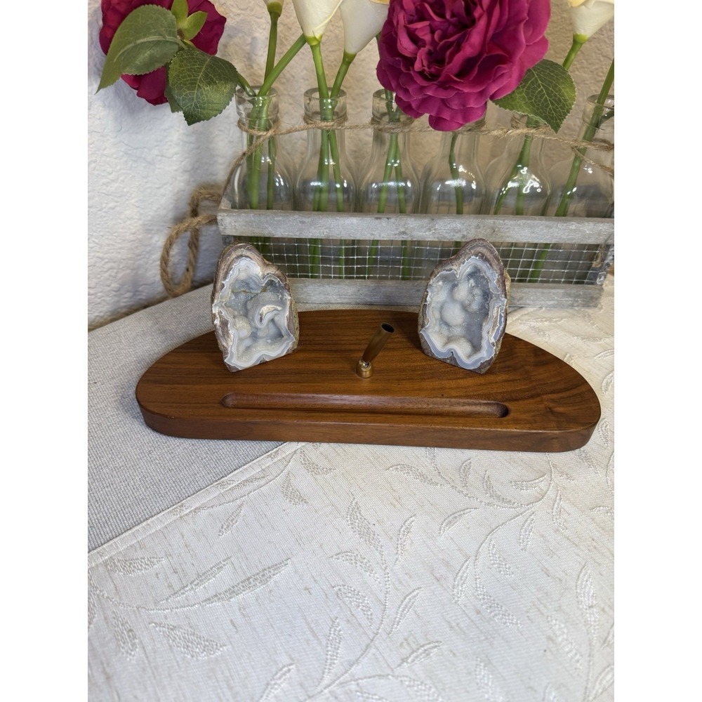 Vintage Mid-Century Walnut Desk Set Agate‎ Geodes Brass Swivel Pen Stand